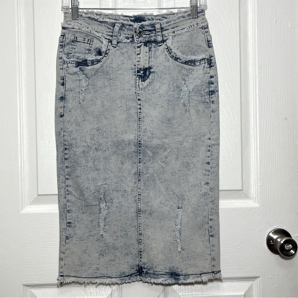 Light Wash Acid Denim Midi Skirt